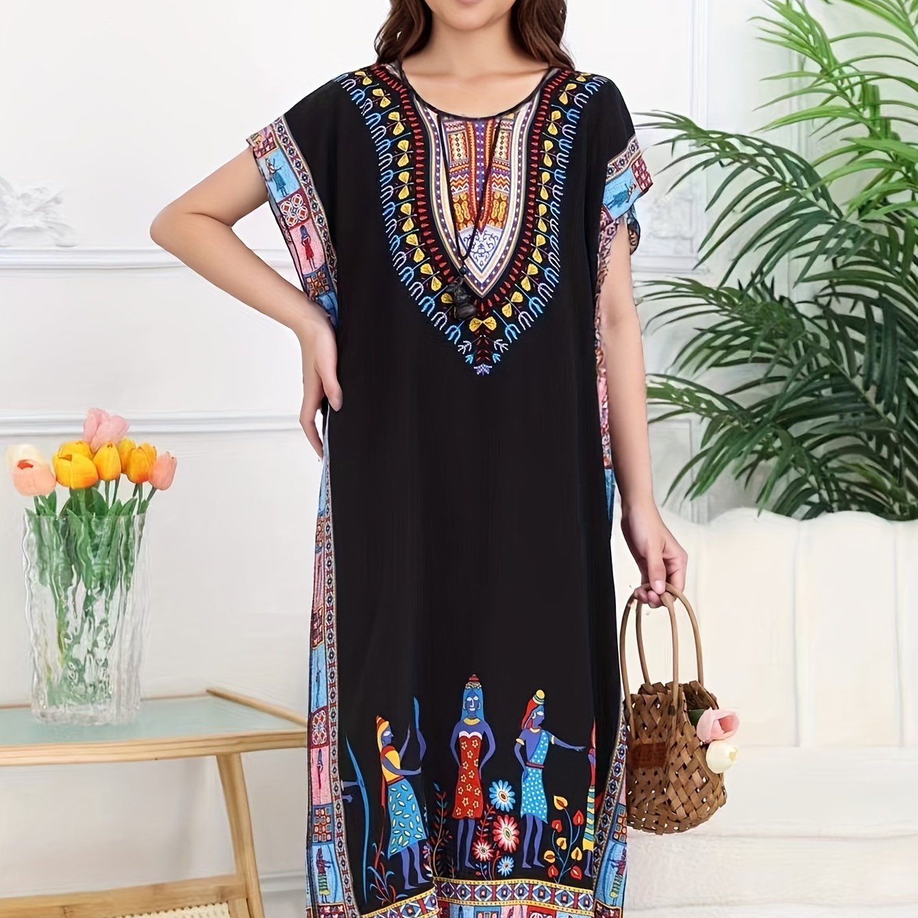 Ethnic Style Dress Summer New Bohemian Style Vacation Batwing Sleeve Dress Loose Beach Dress