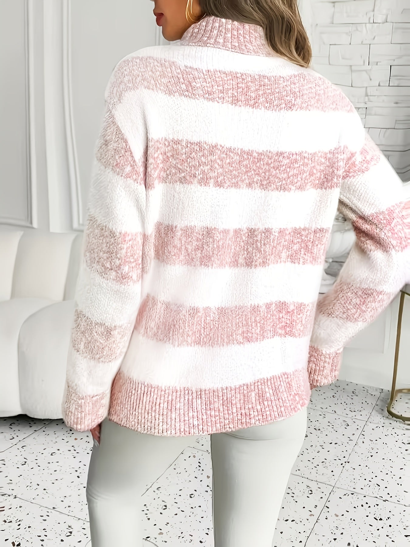 Sea Salt Cream | Turtleneck Striped Sweater with Contrasting Colors, Perfect for Spring And Autumn Vibes
