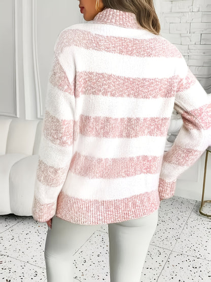 Sea Salt Cream | Turtleneck Striped Sweater with Contrasting Colors, Perfect for Spring And Autumn Vibes