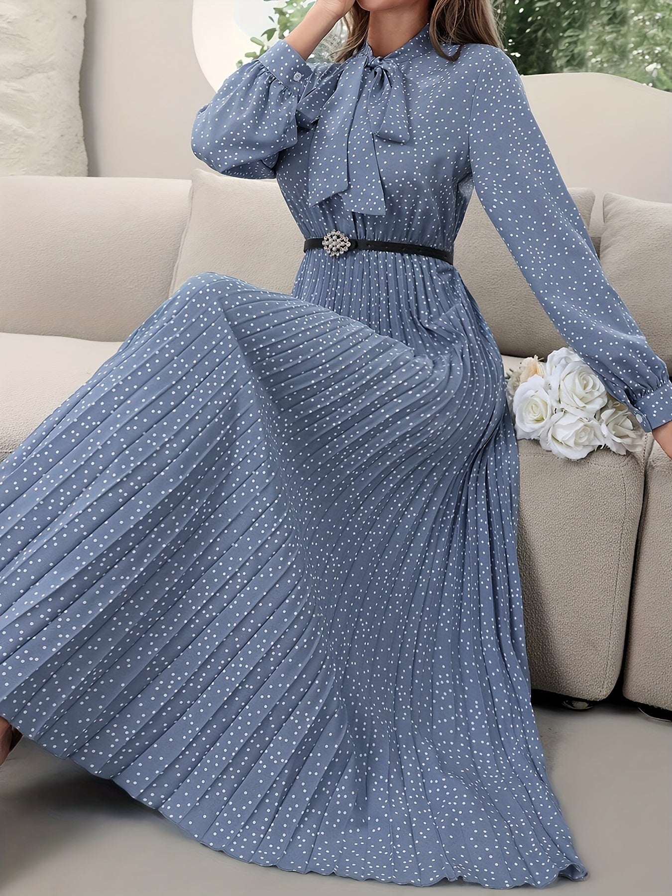 Pleated Allover Print Tie Neck Dress, Elegant Long Sleeve Dress For Spring & Fall, Women's Clothing