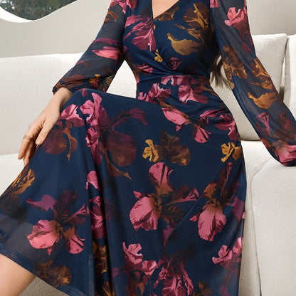 Women's Lace Dress WJ435, Elegant Floral Cinched Waist Long Dress, Deep V-Neck, Business Party, Spring/Autumn, Yellow Black Print Lace