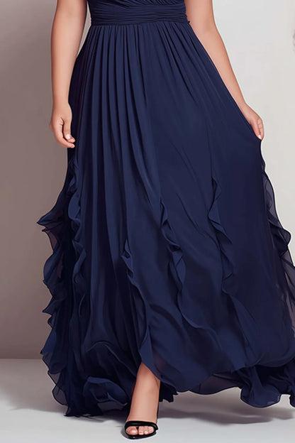 Flycurvy Plus Size Wedding Guest Navy Blue Chiffon Wrap Ruffle Sleeve And Hem Maxi Dress