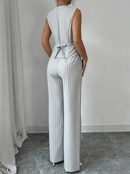 Vertical Stripe Design Set: V-neck Sleeveless Vest with Pockets + High-waist Wide-leg Pants. A Professional and 2pcs Set for Women, Suitable for Both Work and Casual Daily Wear.