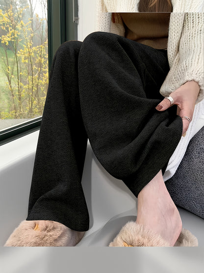 Women's Simple Commuter Straight-Leg Loose Elastic Pants, Draping Tweed Wide-Leg Trousers, Autumn-Winter Women's Clothing, Elegant Casual Long Pants, High-Waisted Suit Pants