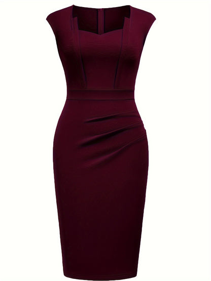 Women'S Square Neck Slim Dress, Easy Solid Color Elegant Sleeveless, Highlights The Waistline, Mid-Length Pencil Skirt