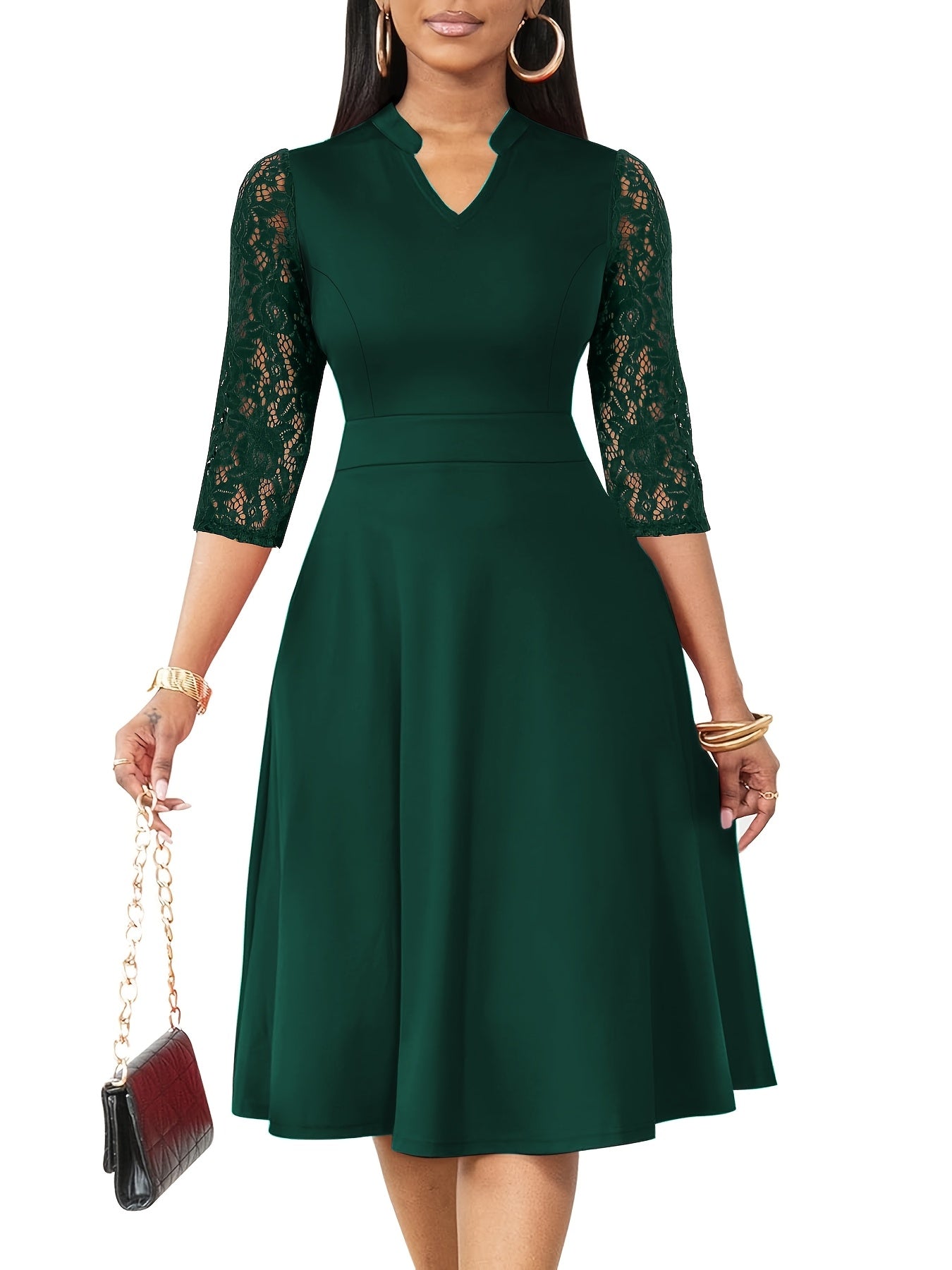 [Elegant V-Neck Lace] Elegant V-Neck Lace Sleeve Midi Dress | Autumn/Winter Women's Fashion, Three-Quarter Sleeve A-Line, Suitable for Formal Occasions, Cocktail Parties, and Gatherings