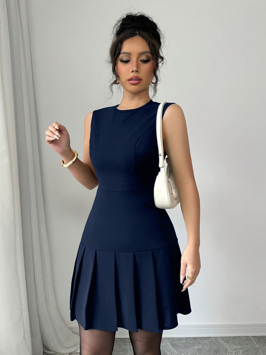 Women's Casual Sleeveless Elegant Solid Color Ruffle Hem Slim Fit Blue Mini Dress