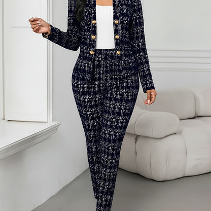Elegant Plaid Suit 2pcs Set with Front Double-Breasted Button Detail, Trousers for Commuting and Casual Wear