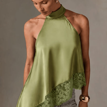 Halter Vest, Directional Style Elegant Temperament Top, Irregular Patchwork Lace Neckline
