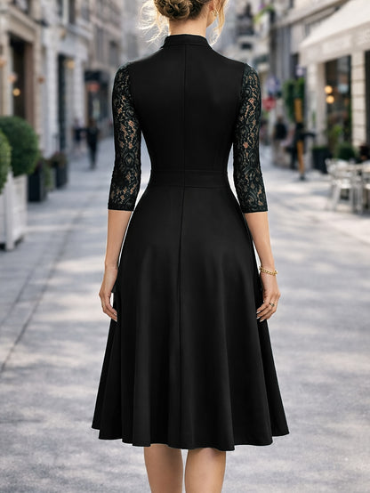 Women's Slim-fit Dress, Elegant Tailored Design, Suitable for Both Commuting and Parties, Long Sleeves with Lace Detailing, Waist-cinching Design, Mid-length for Autumn and Winter Workwear