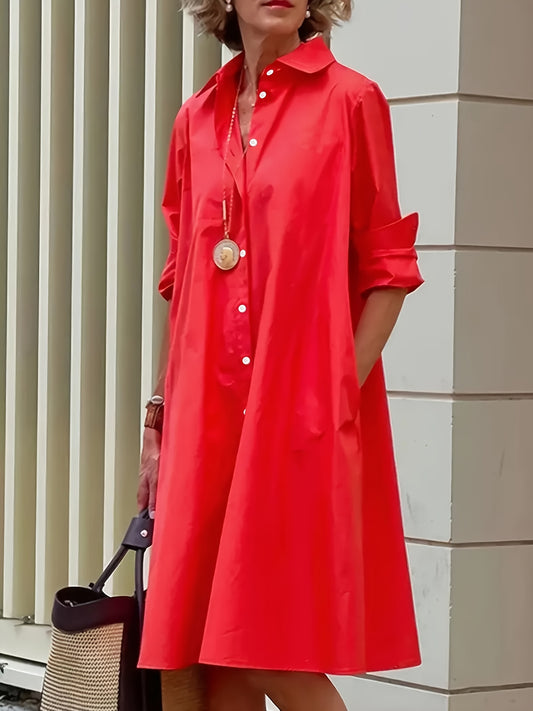 Elegant Red Shirt Dress for Women with Collared Long Sleeve A Line Swing Casual Style