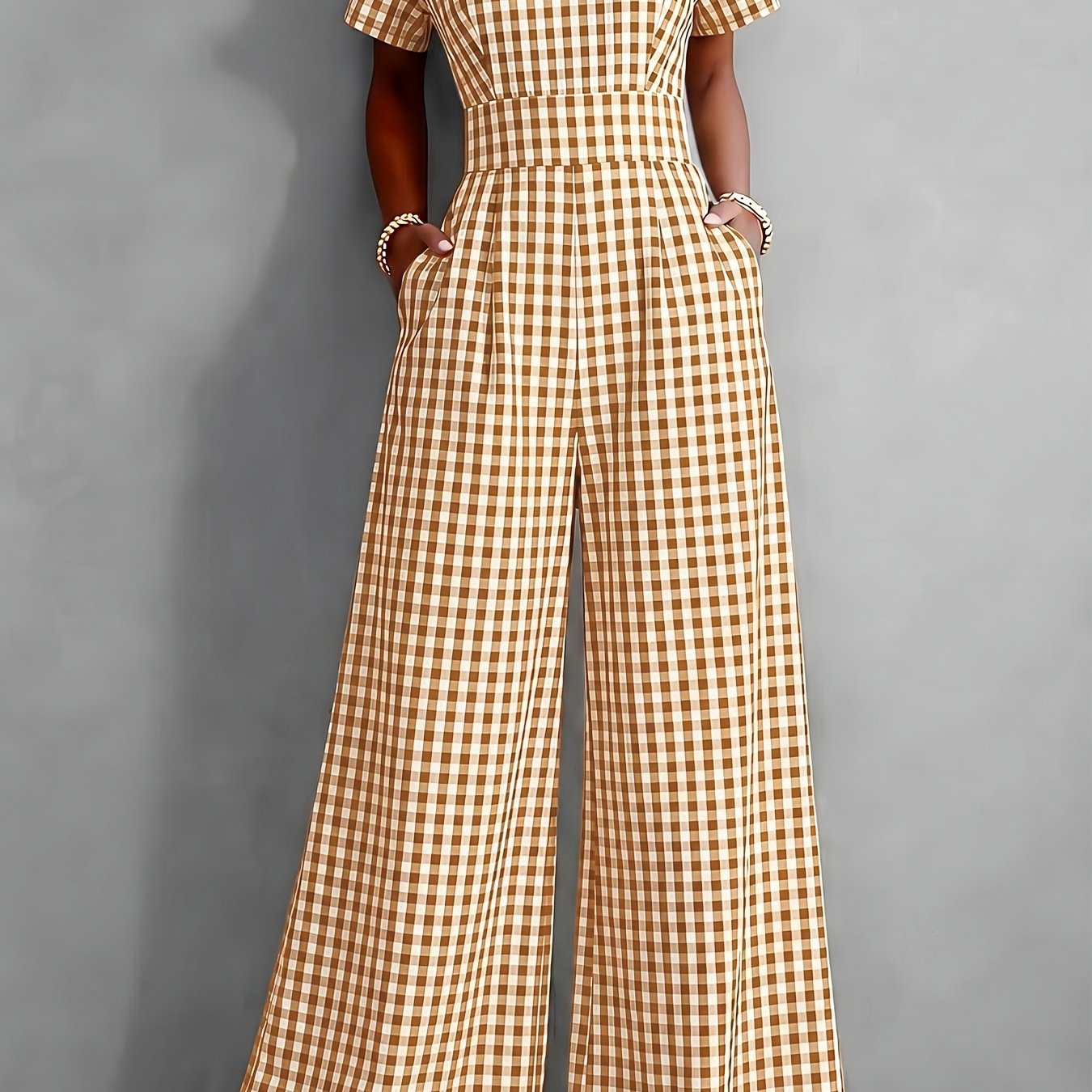 2026 Spring Summer Plaid V-Neck Short Sleeve Jumpsuit Women's, High-Waist Wide-Leg Straight Long Pants, Commute Casual Two-Wear, Waist-Cinching Design Flowing Wide-Leg Trousers