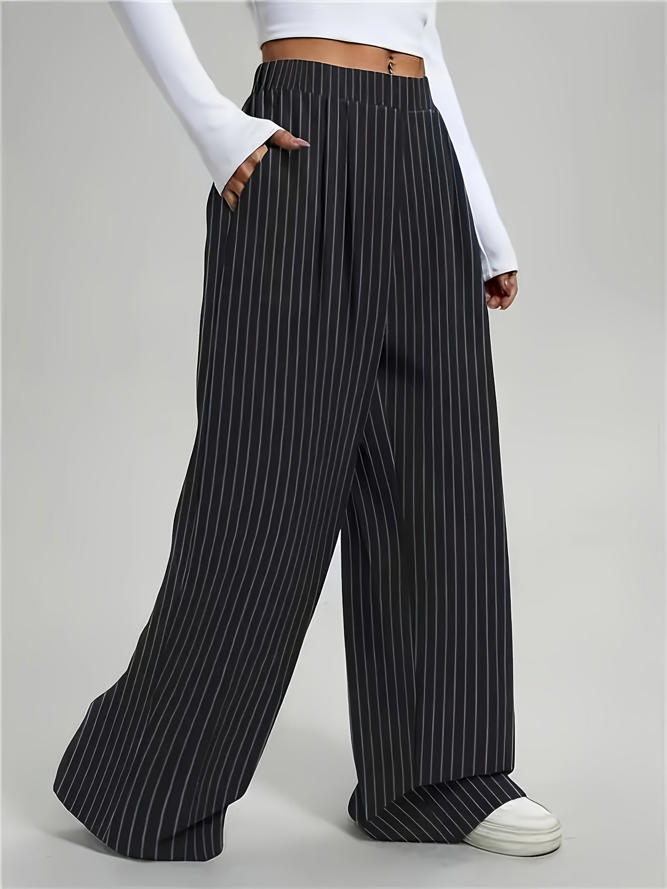 [Striped Harem Pants] Women's Casual Striped Harem Pants - High-Waist Full-Length Wide-Leg Trousers with Vertical Pleats and Pocket Design - Elegant Special Series, Structured Non-Stretch Fabric Suitable for All Seasons, Professional and Semi-Formal Wear