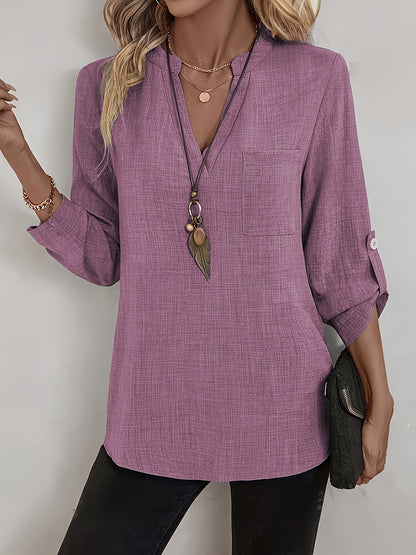 Spring And Summer Fashion Design V-Neck Mid-Length Sleeve Women'S Top, European And American Style V-Neck Shirt Women'S Roll-Up Sleeve Long-Sleeved Top Casual Commuting with Pocket Mid-Length Shirt