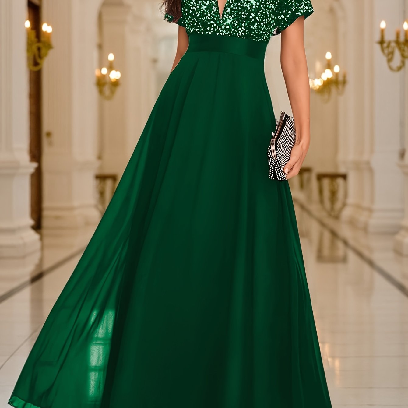 Sequin Spliced Formal Dress Elegant Prom Wedding Guest Gown, Contrast Sequin Chiffon Formal Dress, V-Neck Short Sleeve Sequin Patchwork Slim Fit Long Dress for Graduation Dress, Bride Dress, Birthday Women Outfits, Party Dress, Evening