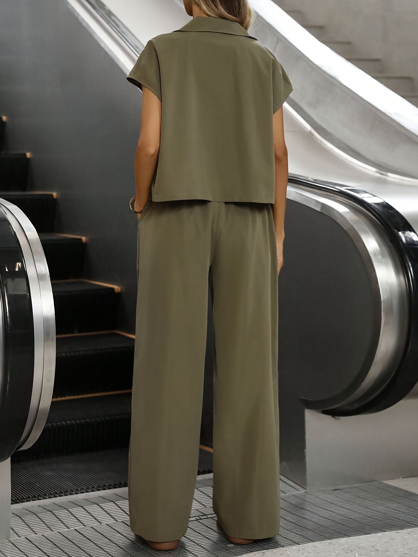 Women's Casual Solid Color Shirt and Pants 2pcs Set, Spring Summer 2pcs Set: Solid Color Button-Up Short Sleeve Top and Pocket Pants, Women's Casual Elegant Spring Summer 2pcs Outfit, Women's Outing and Date Wear, Spring Summer Women's Clothing