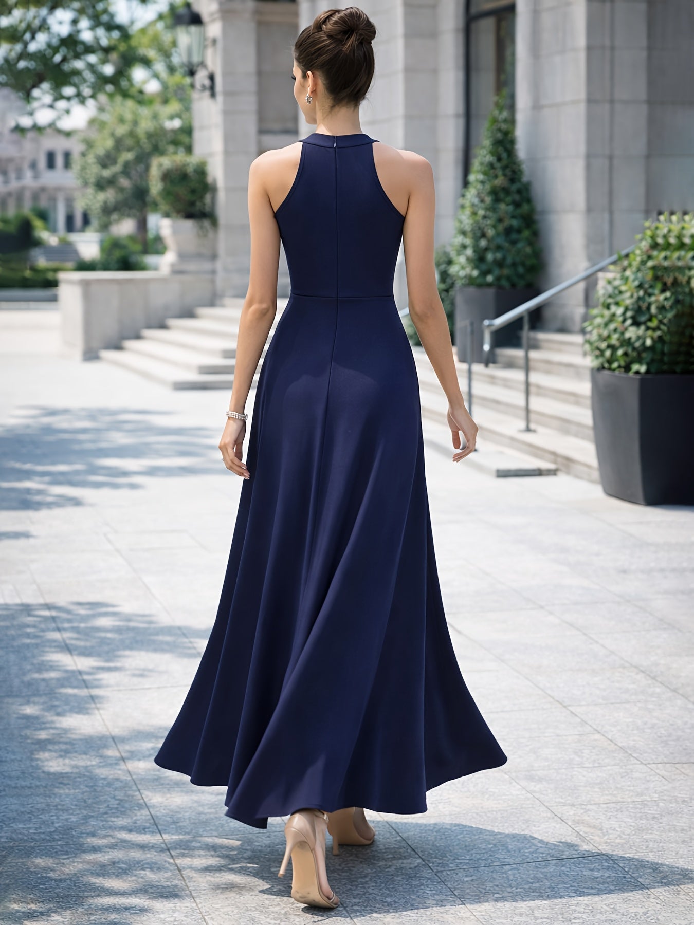 Women's Sleeveless Long Dress with High Neckline, High-waisted Cinched Cut, Side High Slit Hem Structure, and Flowing A-line Silhouette. Suitable for Banquets, Parties, and Formal Occasions