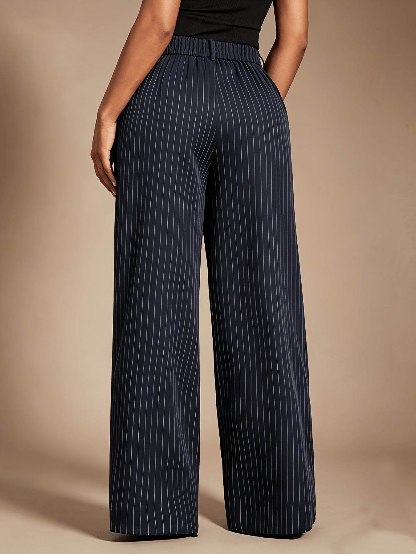 [Navy Blue | Striped] Navy Blue | Striped Suit Pants - Women's Minimalist Modern Suit with Pockets, Loose-Fit Trousers for Business, Office, Commuting & Formal Wear, Machine Washable Year-Round Professional Attire