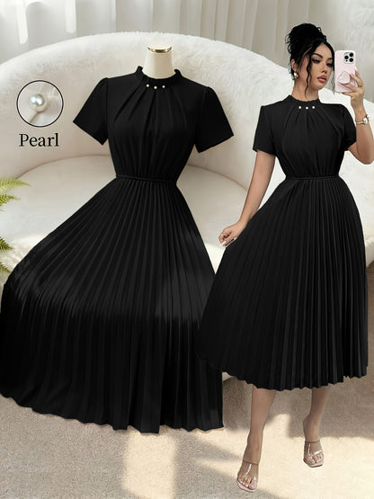 ZLLZ Trendy Summer New Style Women'S Solid Color Teardrop Back Collar Light Luxury Pearl Button Decoration with Waist-Cinching Pleated A-Line Design, Fashionable And, Women'S Fashion Dress Party Elegant Style Dress