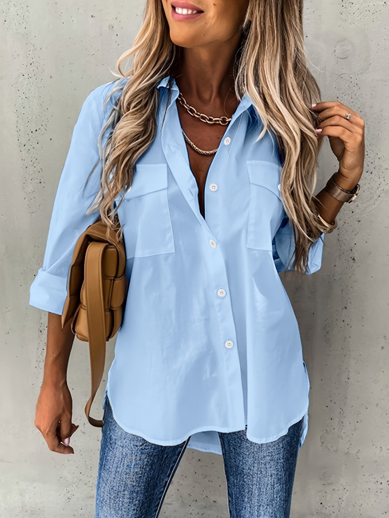 Button Front Long Sleeve Shirt, Casual Solid Office Shirt With Collar, Women's Clothing