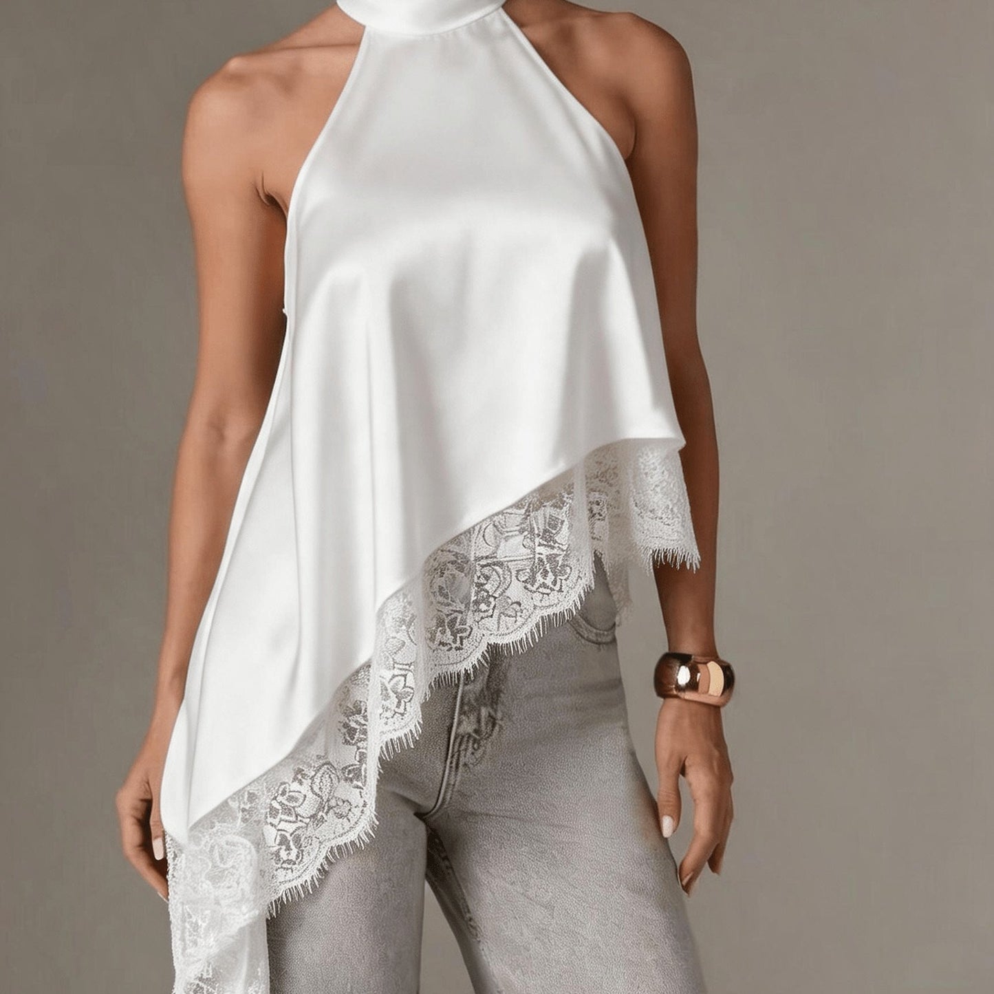 Halter Vest, Directional Style Elegant Temperament Top, Irregular Patchwork Lace Neckline