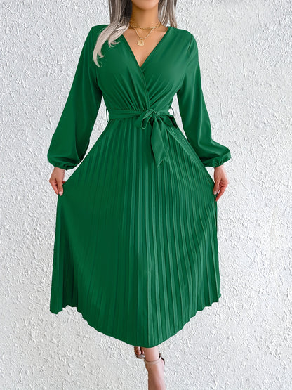 Style Autumn Winter Western Ins Hot Item Temperament V-Neck Flared Pleated Maxi Dress