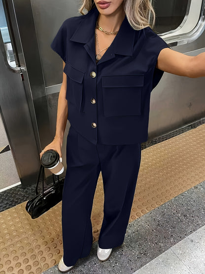 Women's Casual Solid Color Shirt and Pants 2pcs Set, Spring Summer 2pcs Set: Solid Color Button-Up Short Sleeve Top and Pocket Pants, Women's Casual Elegant Spring Summer 2pcs Outfit, Women's Outing and Date Wear, Spring Summer Women's Clothing