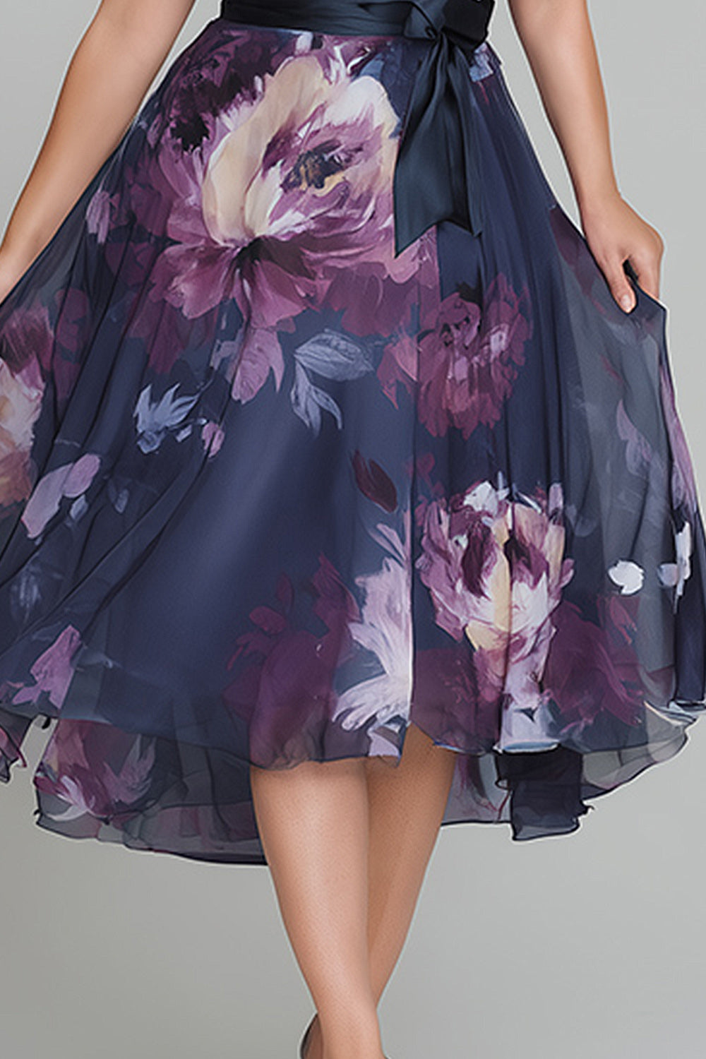 Flycurvy Plus Size Wedding Guest Navy Blue Organza Floral Print Wrap Midi Dress With Belt