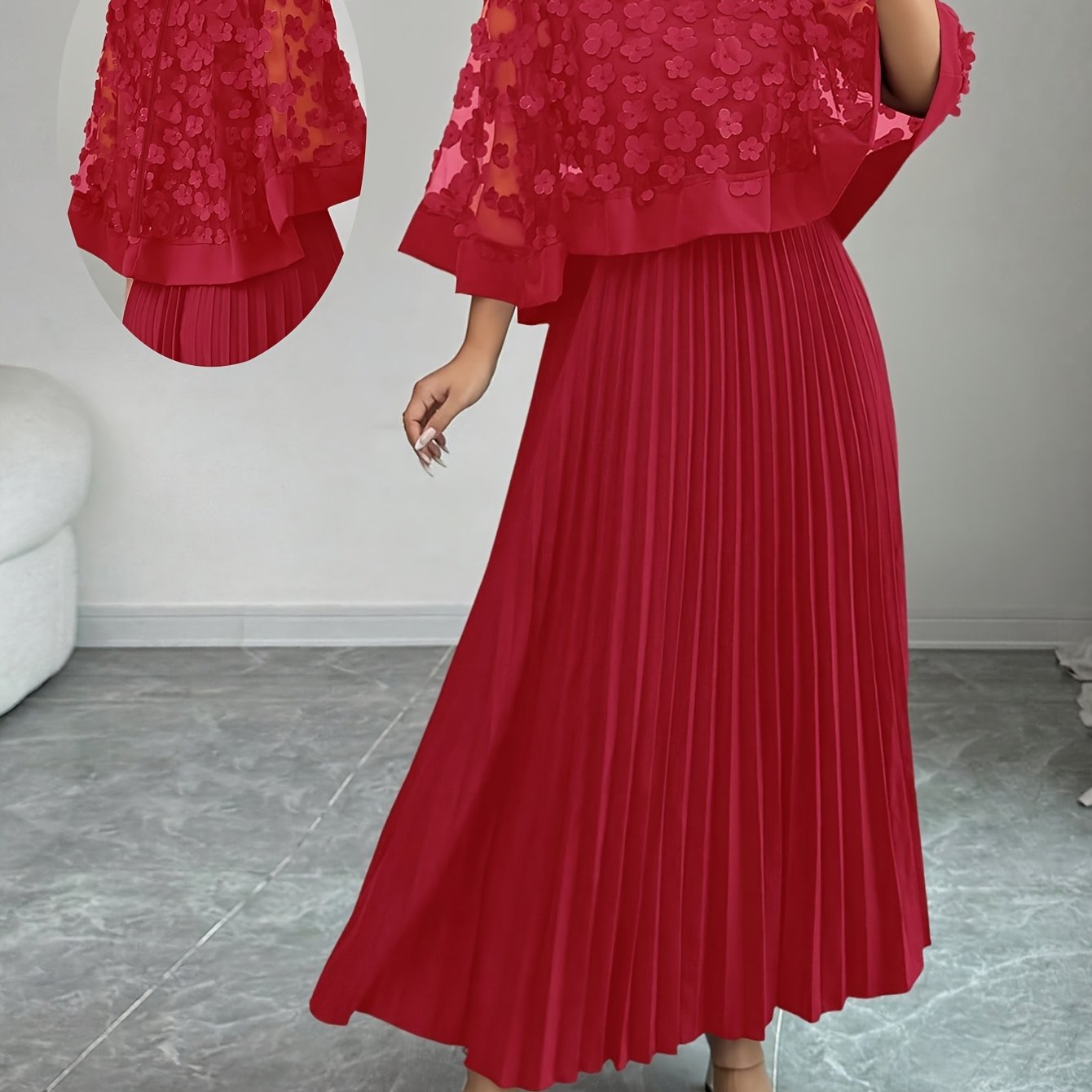 Elegant Floral Applique Two Piece Set for Women with Round Neck Flutter Sleeve Pleated Maxi Skirt Formal Style