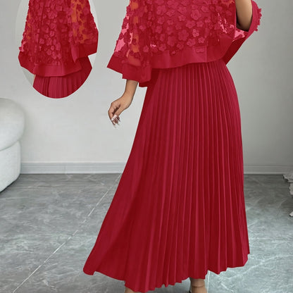 Elegant Floral Applique Two Piece Set for Women with Round Neck Flutter Sleeve Pleated Maxi Skirt Formal Style