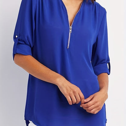 V-Neck Zipper Women'S Long-Sleeved Roll-Up Sleeve Loose Chiffon Shirt