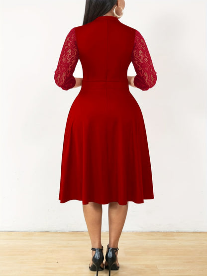 [Elegant V-Neck Lace] Elegant V-Neck Lace Sleeve Midi Dress | Autumn/Winter Women's Fashion, Three-Quarter Sleeve A-Line, Suitable for Formal Occasions, Cocktail Parties, and Gatherings