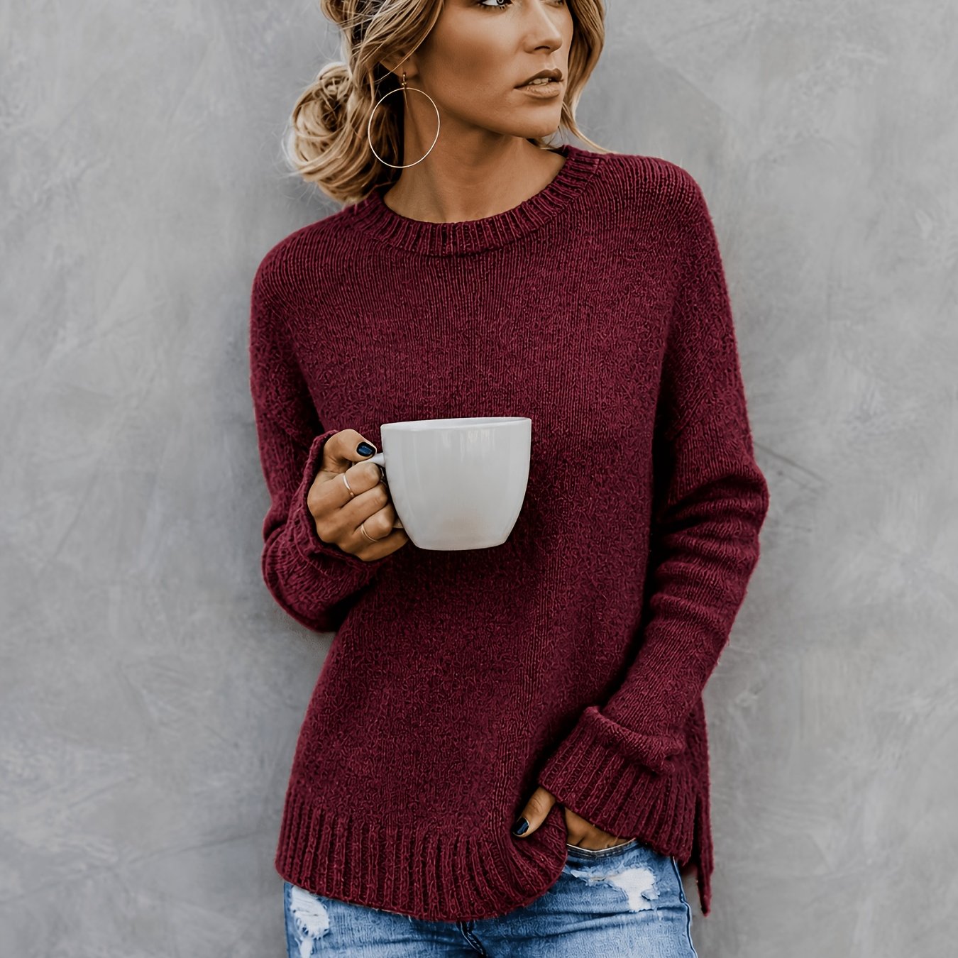 Women'S Casual Commuter Style Retro All-Match Short Front Long Back Slit Round Neck Long Sleeve Sweater Pullover