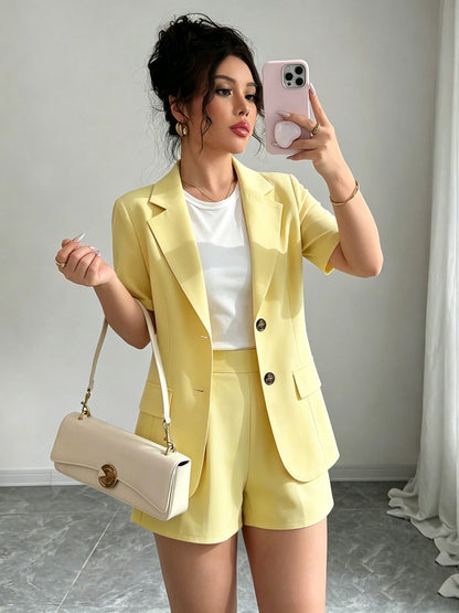 Elegant Casual Commuter Suit Set, Solid Color Short-Sleeve Blazer, Shorts/Wide-Leg Pants, Women's Spring/Summer Style