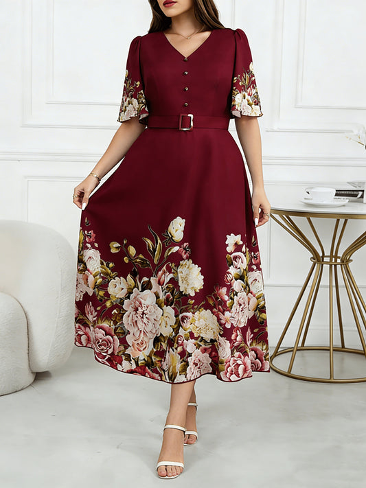 Plus Size, Plus Size Women's Spring/Summer Floral Print Elegant High-Waisted V-Neck Short Sleeve Dress