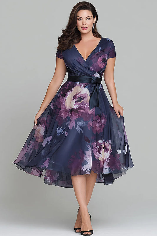 Elegant Navy Blue Floral Midi Dress for Women with V Neck Cap Sleeve Wrap Belt High Low Style