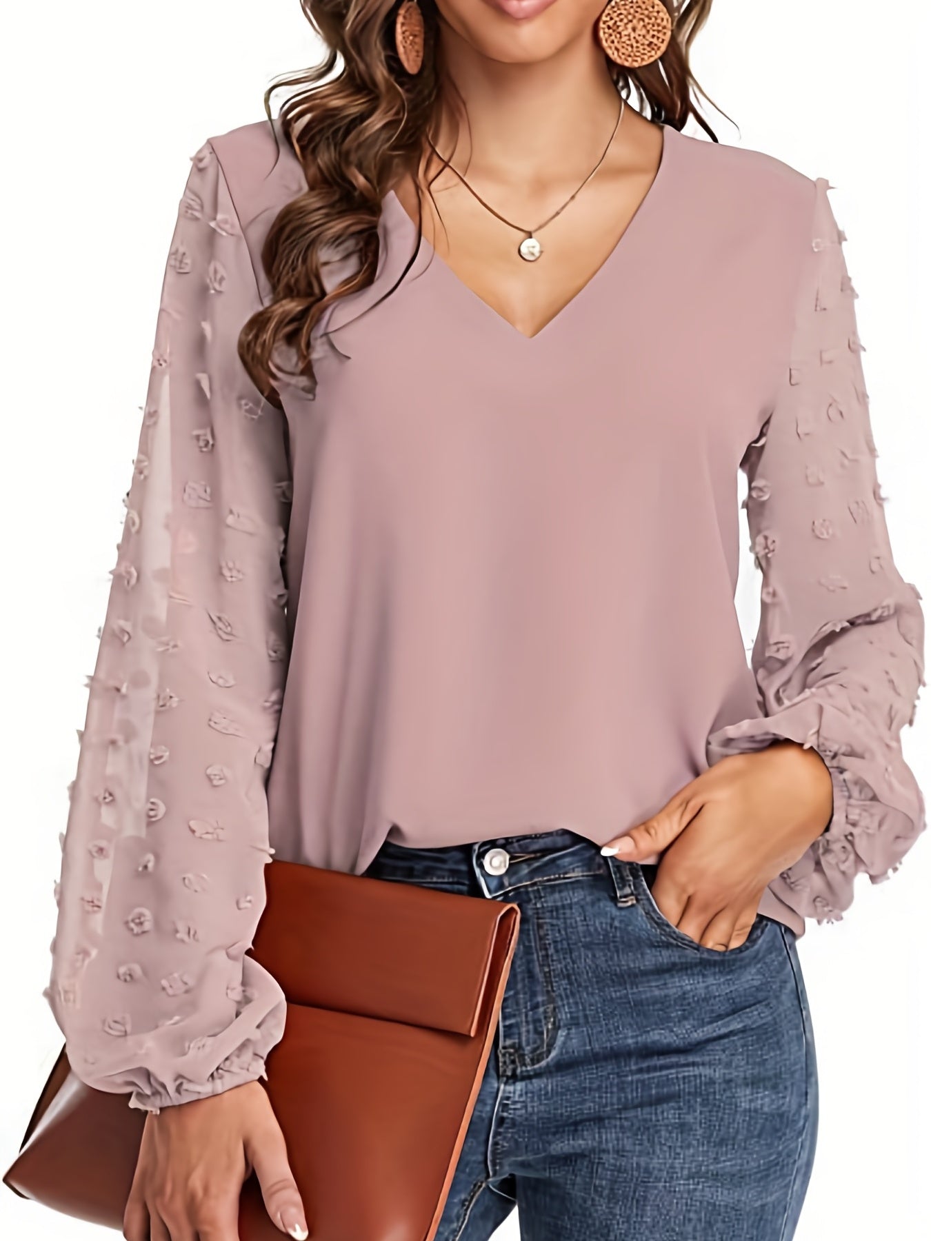 Swiss Dot Sleeve Shirt, Casual V Neck Solid Shirt For Spring & Fall, Women's Clothing