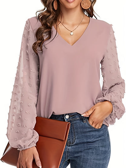Swiss Dot Sleeve Shirt, Casual V Neck Solid Shirt For Spring & Fall, Women's Clothing