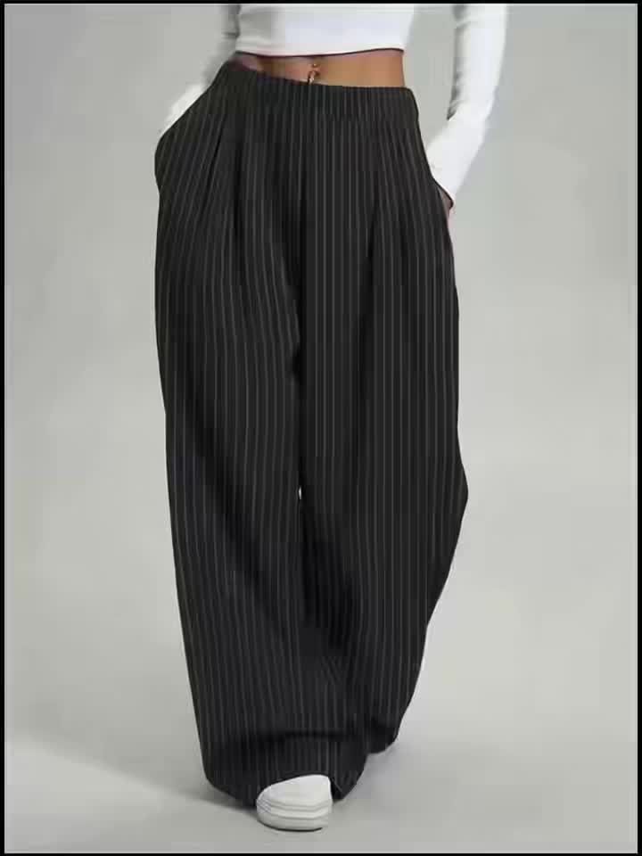[Striped Harem Pants] Women's Casual Striped Harem Pants - High-Waist Full-Length Wide-Leg Trousers with Vertical Pleats and Pocket Design - Elegant Special Series, Structured Non-Stretch Fabric Suitable for All Seasons, Professional and Semi-Formal Wear