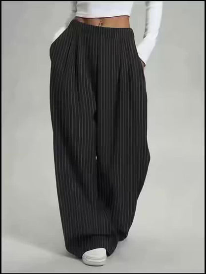 [Striped Harem Pants] Women's Casual Striped Harem Pants - High-Waist Full-Length Wide-Leg Trousers with Vertical Pleats and Pocket Design - Elegant Special Series, Structured Non-Stretch Fabric Suitable for All Seasons, Professional and Semi-Formal Wear