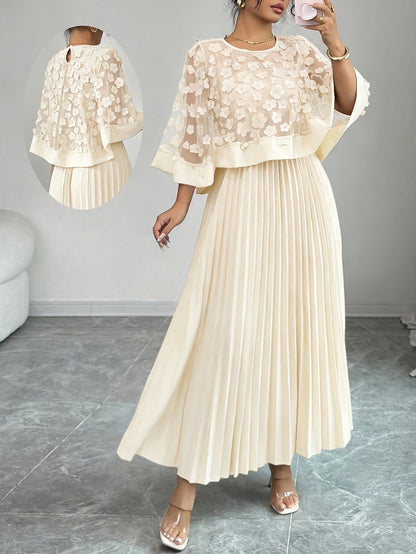 Elegant Floral Applique Two Piece Set for Women with Round Neck Flutter Sleeve Pleated Maxi Skirt Formal Style