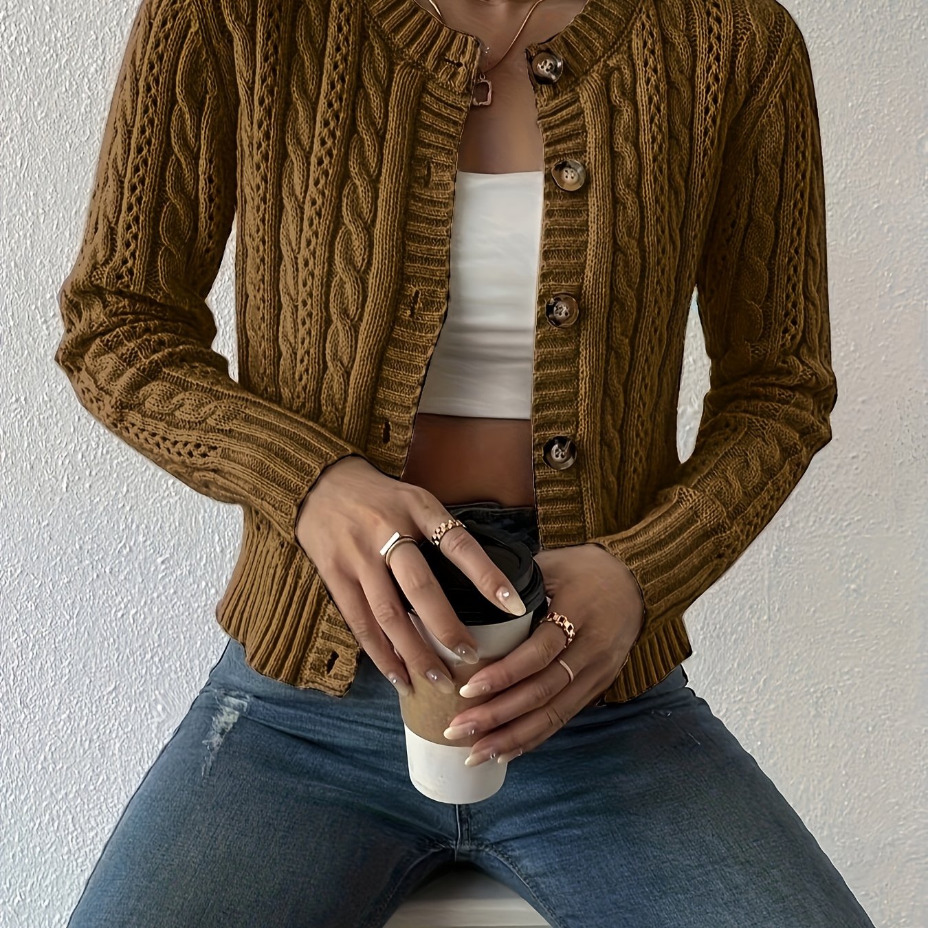 Mesh detail cable cardigan sweater