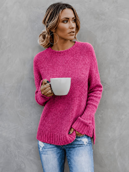 Women'S Casual Commuter Style Retro All-Match Short Front Long Back Slit Round Neck Long Sleeve Sweater Pullover