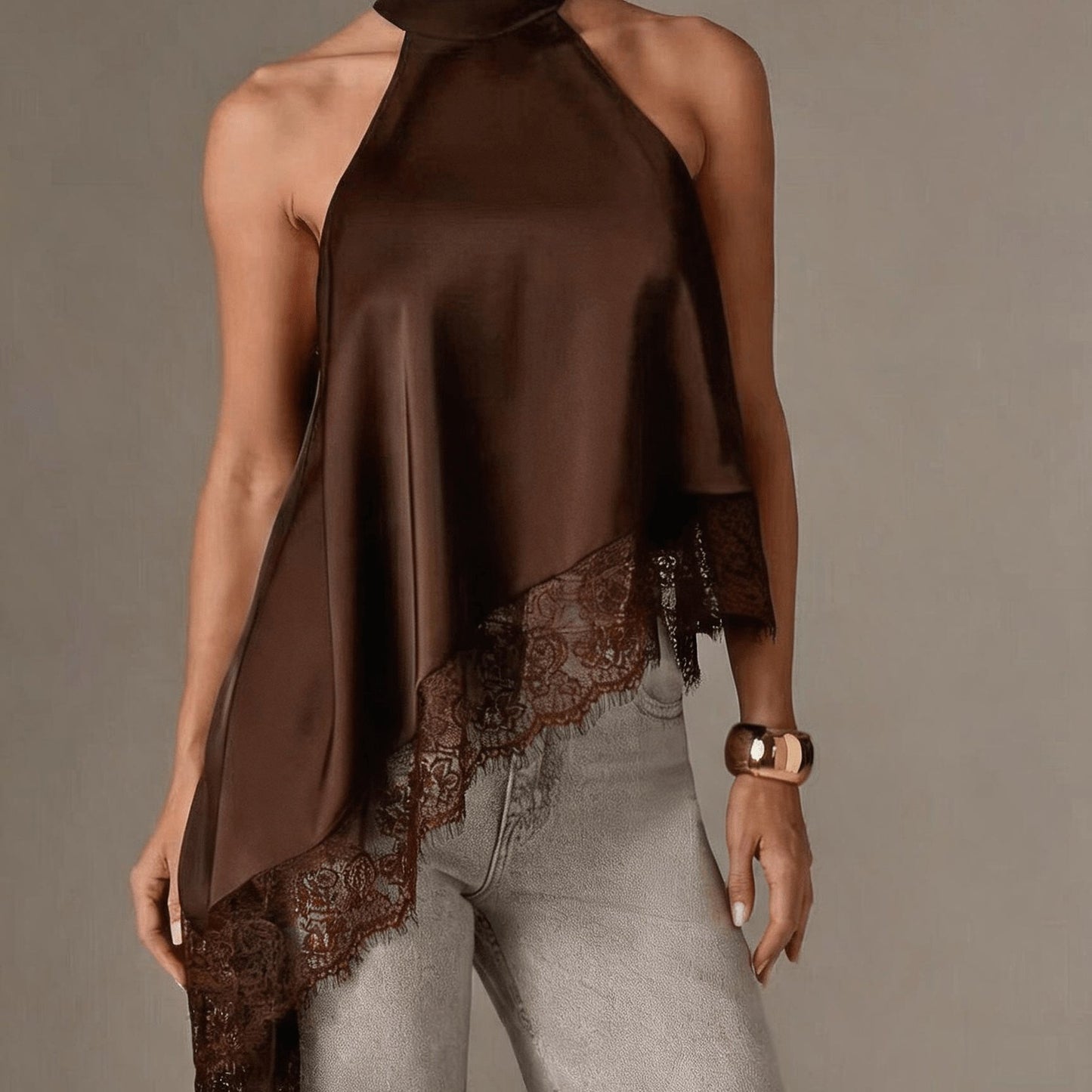 Halter Vest, Directional Style Elegant Temperament Top, Irregular Patchwork Lace Neckline