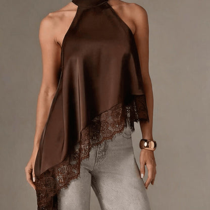 Halter Vest, Directional Style Elegant Temperament Top, Irregular Patchwork Lace Neckline