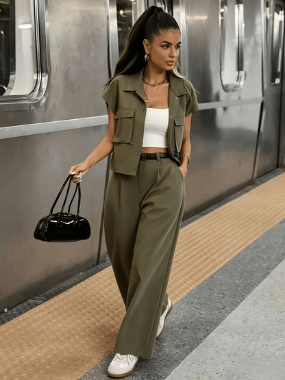 Women's Casual Solid Color Shirt and Pants 2pcs Set, Spring Summer 2pcs Set: Solid Color Button-Up Short Sleeve Top and Pocket Pants, Women's Casual Elegant Spring Summer 2pcs Outfit, Women's Outing and Date Wear, Spring Summer Women's Clothing