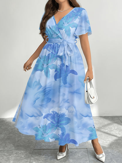 [Plus Size Summer Dress] Plus Size Women's Summer Dress | Printed Round Neck Short Sleeve Raglan Long | Christmas Set
