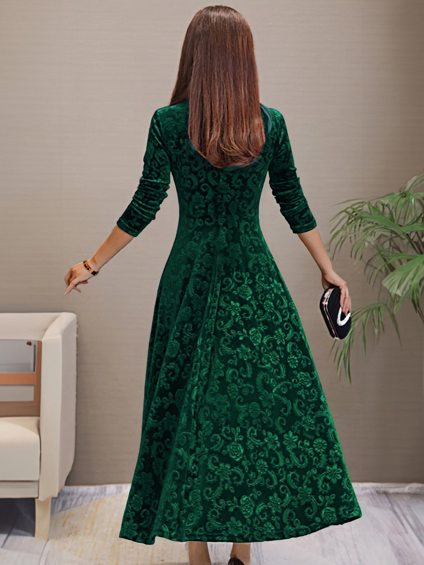 Directional - New And Thinning Large Swing Skirt Women'S Clothing Golden Velvet Long Sleeve Dress Long Style