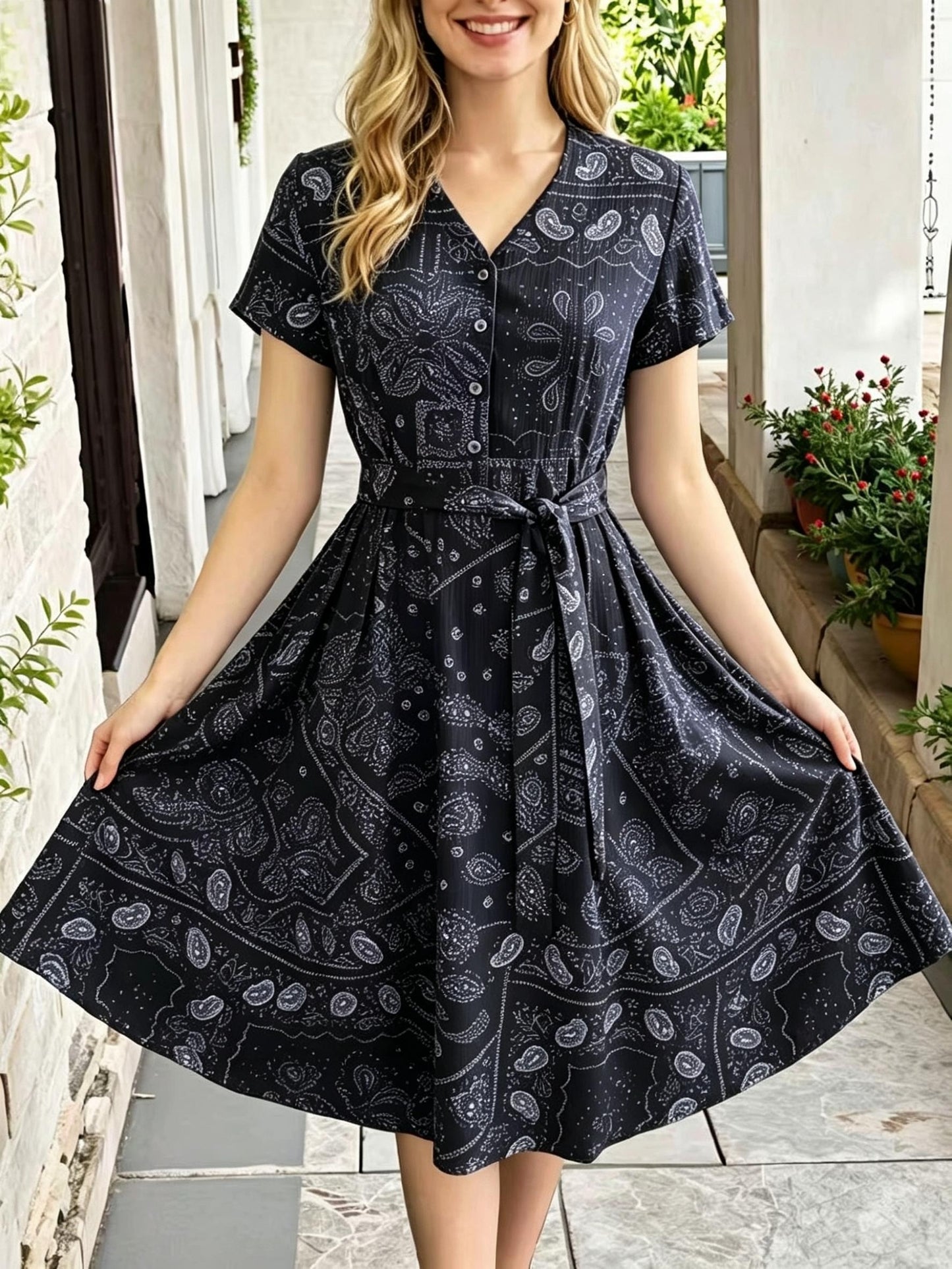 [Vintage Midi Dress] Women's Vintage Blue Print Midi Dress - V-Neck Button Shirt Dress with Pockets & Belt - Casual Commute Vacation Wear for Ladies