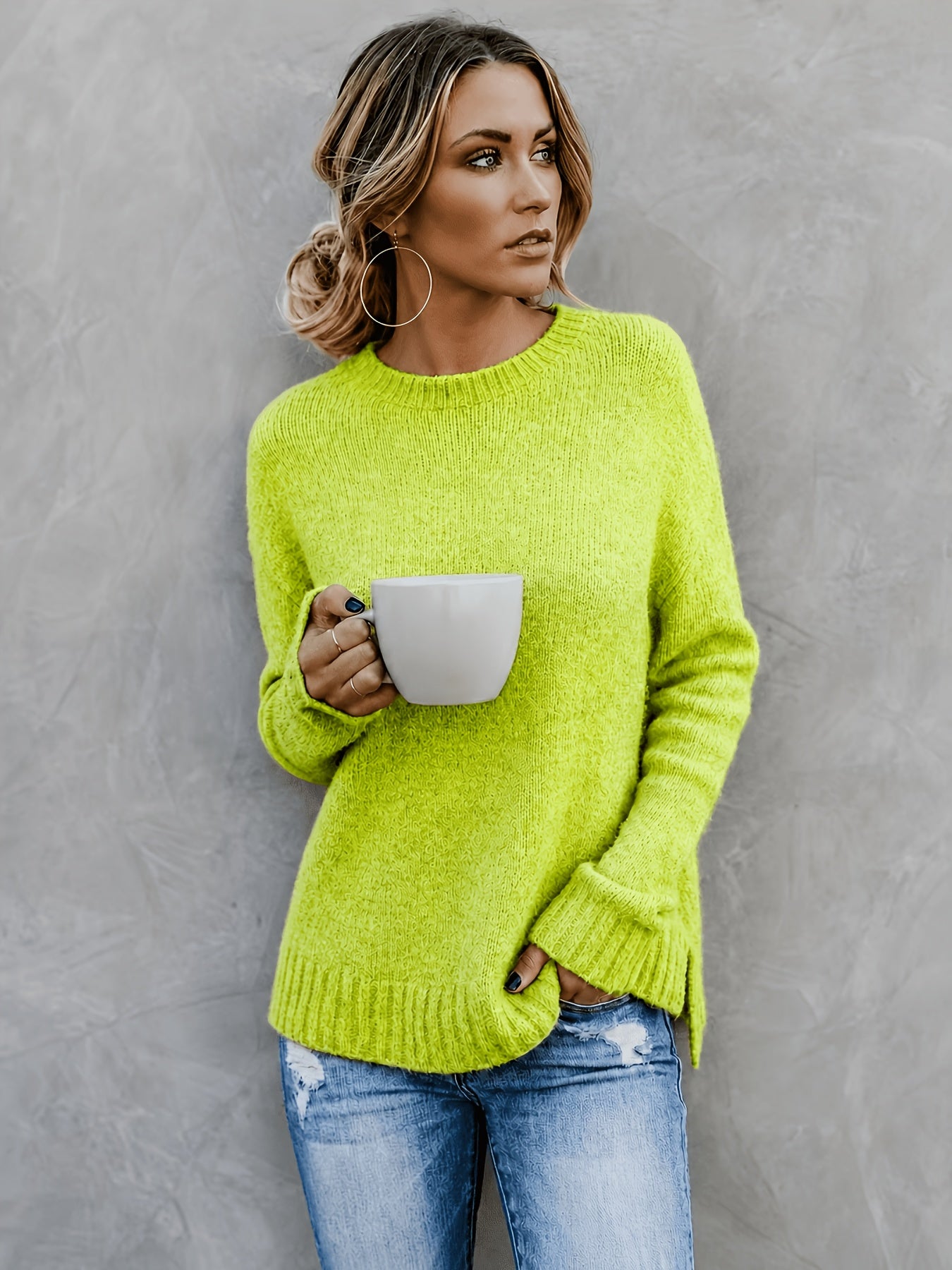 Women'S Casual Commuter Style Retro All-Match Short Front Long Back Slit Round Neck Long Sleeve Sweater Pullover